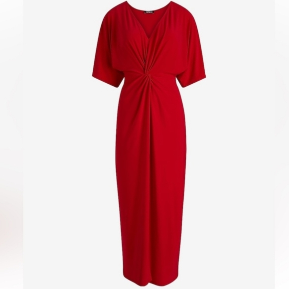 Express Vibrant Red TwistFront Vneck Maxi Dress wFront Slit Elegant Sexy Holiday - Picture 16 of 16